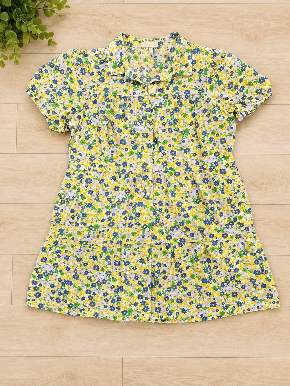 Derek Heart Floral Tiered Mini Dress XL Short Sleeve Button Front Sundress